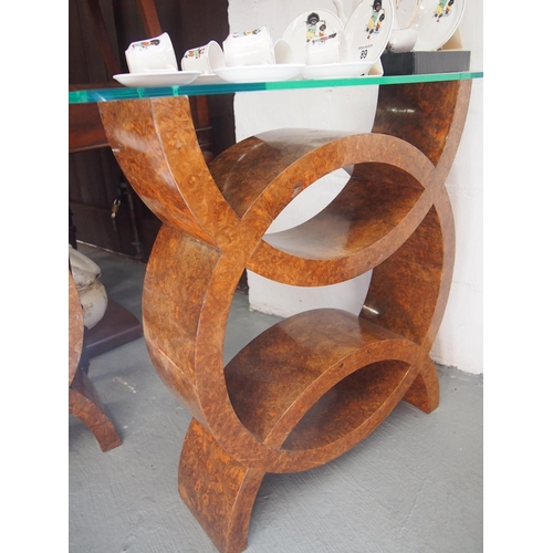 88 - A pair of art deco style tables with a burr walnut veneer circular design and acrylic tops, approx. ... 