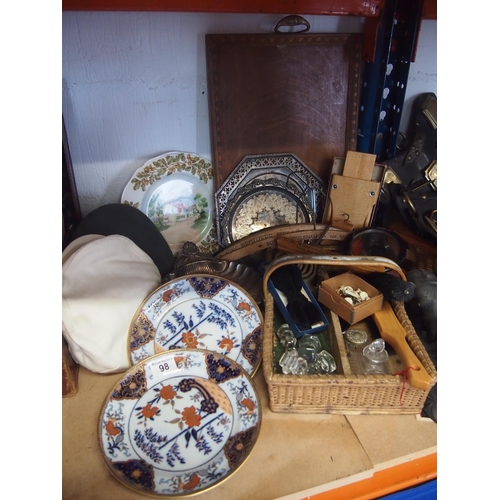 98 - A basket containing a mixture of vintage items including Elephants, two Davenport Longport Imari pla... 