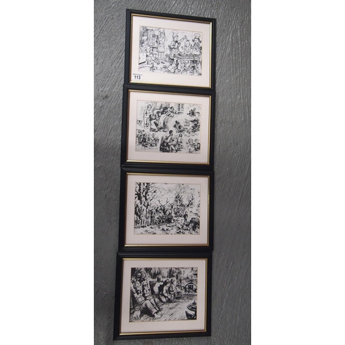 113 - Four framed black and white prints depicting humorous scenes of festive and mischievous children