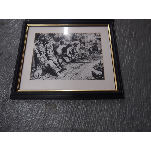 113 - Four framed black and white prints depicting humorous scenes of festive and mischievous children