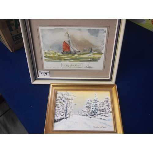 117 - A framed oil on board of a snowy scene, signed by Daphne McSean together with a framed and signed wa... 