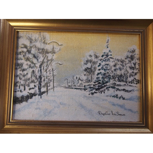 117 - A framed oil on board of a snowy scene, signed by Daphne McSean together with a framed and signed wa... 