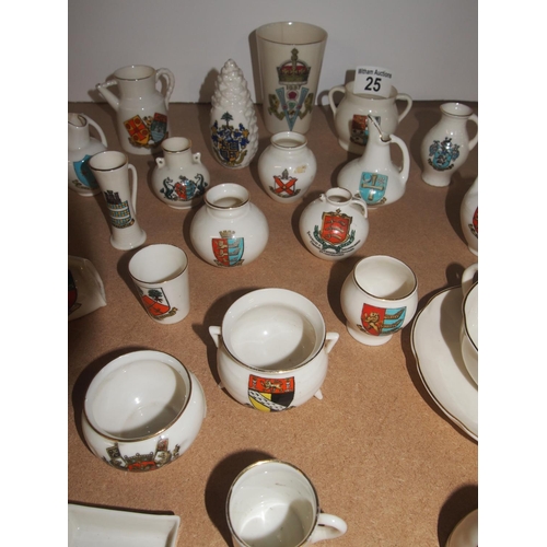 25 - Quantity of Goss crested ware in various designs and sizes including cup and saucer etc. (23 items i... 