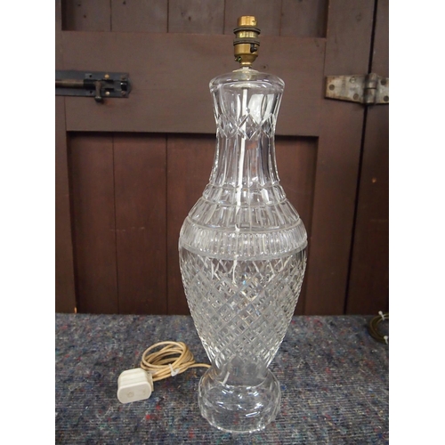 36 - A substantial crystal cut glass lamp base with damask lamp shade