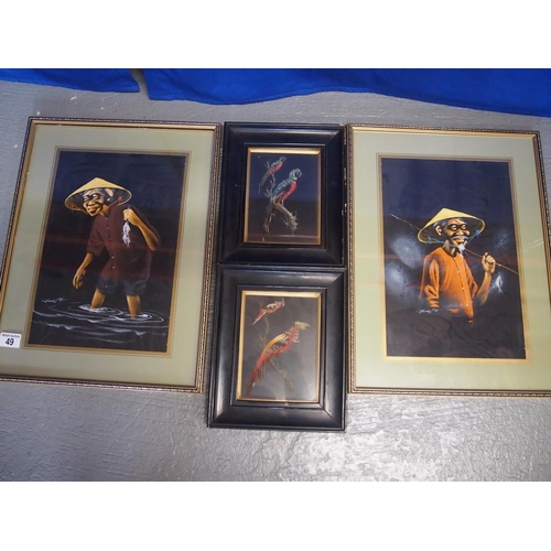 49 - Two vintage feathered bird paintings, set in black wooden frames, approx. size 29 x 24c together wit... 