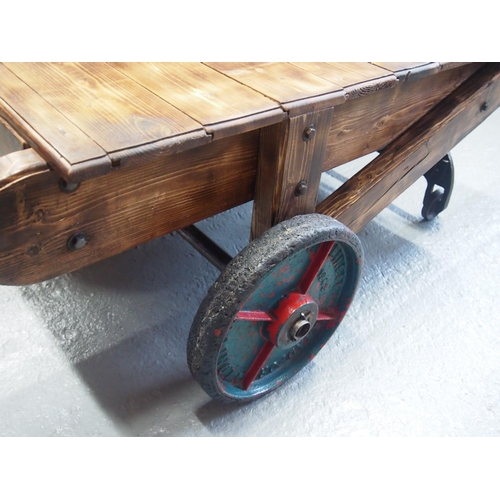 71 - A bespoke/handmade wooden cart / trolley with pull along handles composed in a vintage style featuri... 