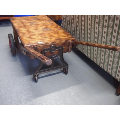 71 - A bespoke/handmade wooden cart / trolley with pull along handles composed in a vintage style featuri... 