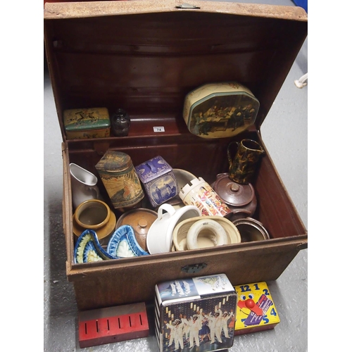 74 - A large metal trunk full of retro and vintage kitchenalia items etc including tins, vitreous and cer... 