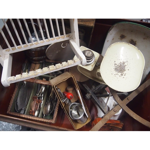 75 - A large metal trunk full of vintage and retro kitchenalia items including a tray of flatware and woo... 