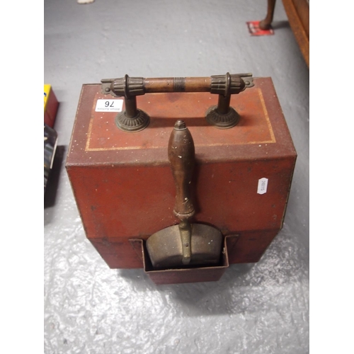 76 - An antique metal coal scuttle box with wooden and brass detailing to the handle to box and matching ... 