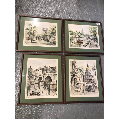 116 - Four watercolour lithography prints depicting Paris street scenes by artist G Lelong, in matching fr... 