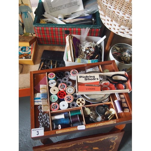3 - A selection of retro and other haberdashery items including baskets, sewing box, scissors, cotton re... 