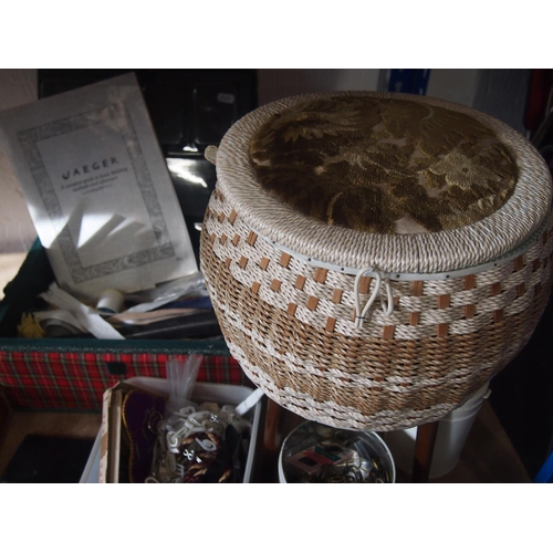 3 - A selection of retro and other haberdashery items including baskets, sewing box, scissors, cotton re... 
