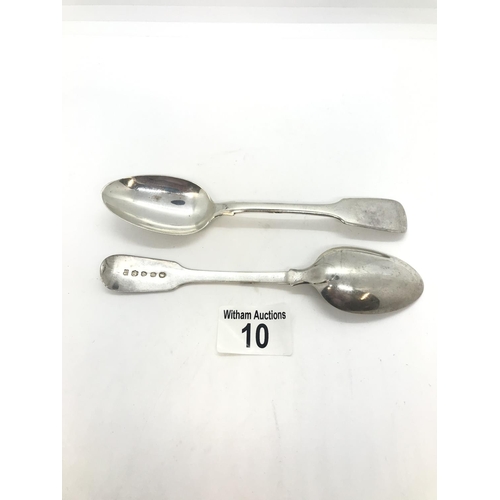 10 - Two Victorian silver dessert spoons by makers Samuel Hayne & Dudley Cater, hallmarked London 1843, a... 