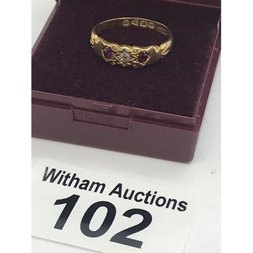 102 - A Victorian 18ct yellow gold ruby and diamond ring, hallmarked Chester c.1900. Approx. weight 2.5g a... 