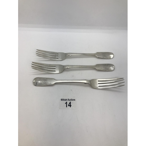 14 - Three Victorian forks by maker Samuel Whitford hallmarked London 1856-7, approx. total combined weig... 