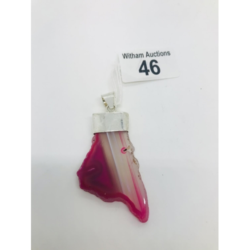 46 - Silver and pink agate pendant, stamped 925, approx. overall length 8cm