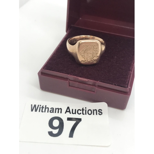 97 - A yellow gold signet ring with monogram HG, approx. size L1/2. tested 14ct. Hallmarked Chester, appr... 