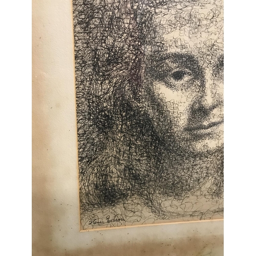 127 - A framed female portrait composed in pen and ink signed by Henri Edion