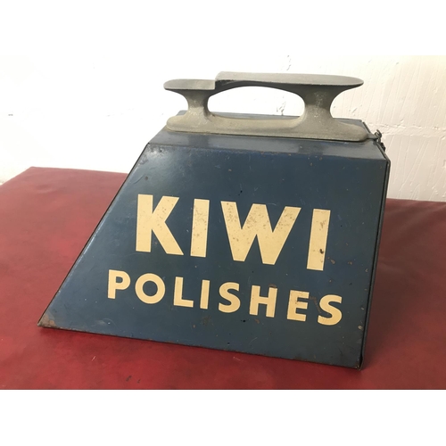 16 - A 'Kiwi Polish' metal shoeshine box with last to top and clasp lock for inside storage. Approx. heig... 