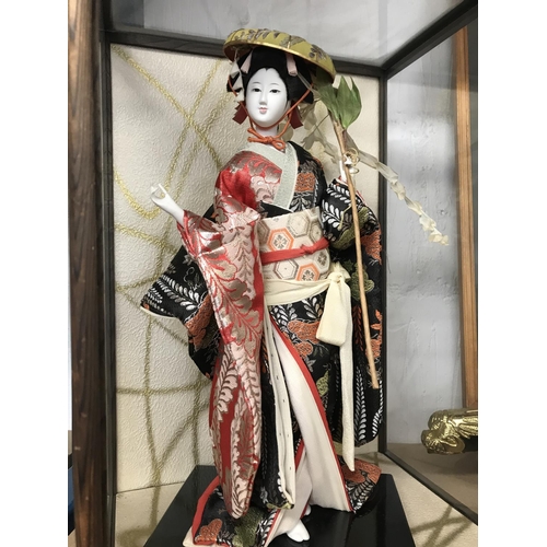 33 - Japanese Geisha Doll in Traditional Kimono Dress in rectangular glass display case, approx.H45xW30cm... 