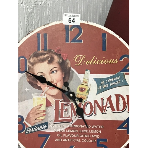 64 - Three retro style wall clocks advertising beverages, approx. width of clocks 30-35cm