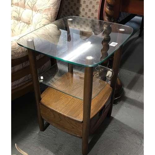 108 - Ercol side / hallway table in a square Windsor design with two glass shelves wooden shelf and under ... 