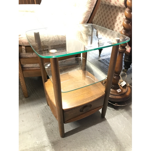 108 - Ercol side / hallway table in a square Windsor design with two glass shelves wooden shelf and under ... 