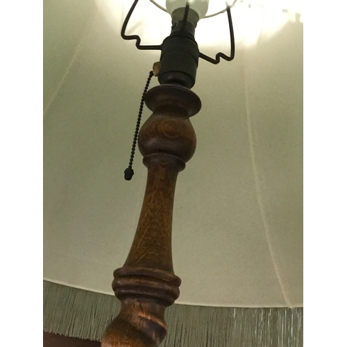 110 - Antique floor lamp with barley twist/turned design column and pull chord, together with a sage green... 