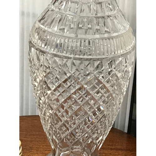 111 - Cut Glass/Crystal lamp with etched makers mark to base. PAT tested.