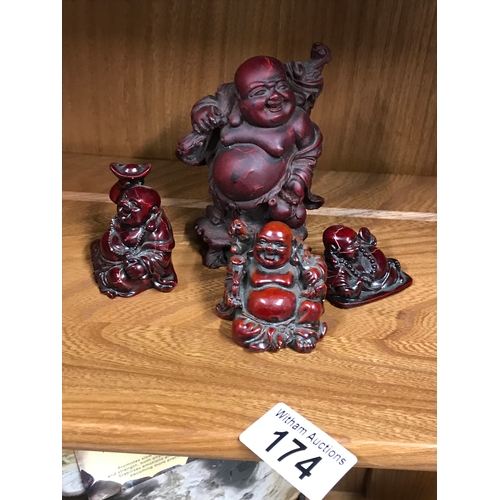 174 - Resin laughing Buddha ornaments in various poses and sizes, Four in total