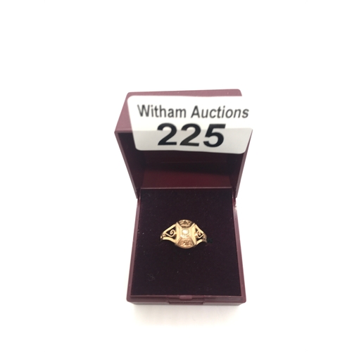 225 - Antique gold ring with scroll detailing to mount, central focal seed pearl, unmarked testing 18ct go... 