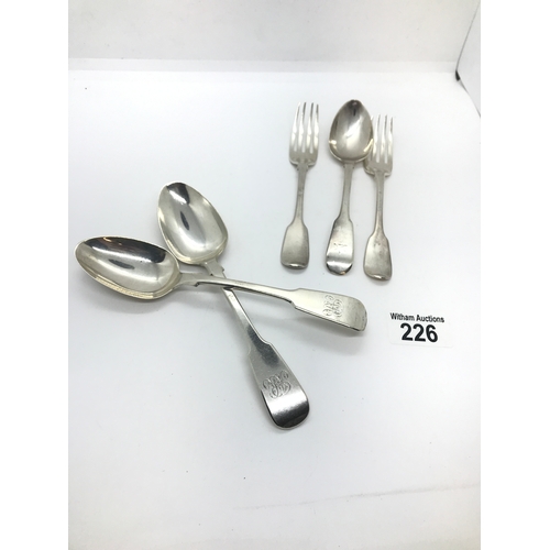 226 - Five pieces of Victorian silver flatware, Hallmarked London, mixed makers stamp RP and WB.  Approx. ... 