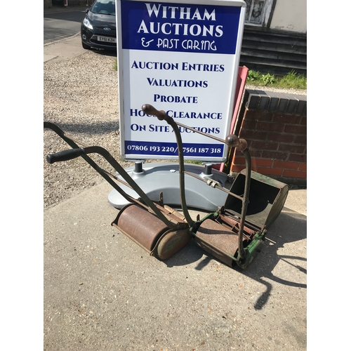 1 - A Ransomes push mower with grass box and wooden handles, stamped plaque reads Anglia 10