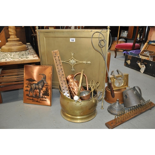 106 - A variety of metal ware items including fire screen, decorative items, copper saucepan etc,