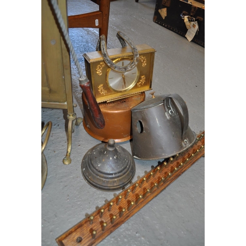 106 - A variety of metal ware items including fire screen, decorative items, copper saucepan etc,