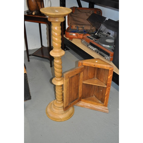 110 - Rustic style twist column plant stand with one small corner cupboard