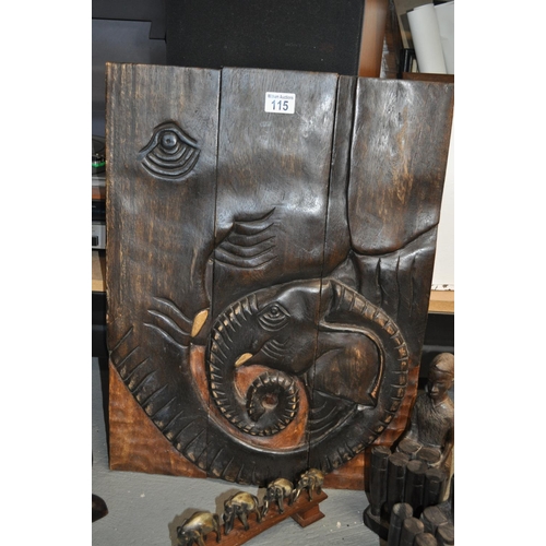 115 - Wooden items including an elephant wall art plus four elephant themed decorative pieces