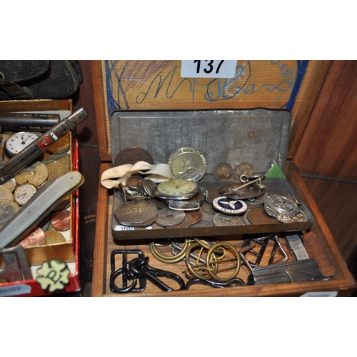 137 - A mixture of vintage items including coins, medallions, buttons, leather purses, watch components, W... 