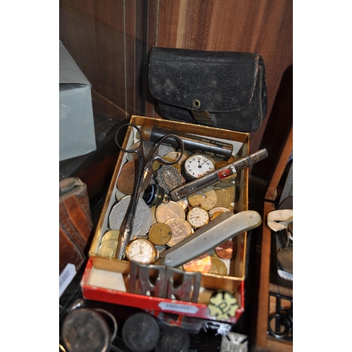 137 - A mixture of vintage items including coins, medallions, buttons, leather purses, watch components, W... 