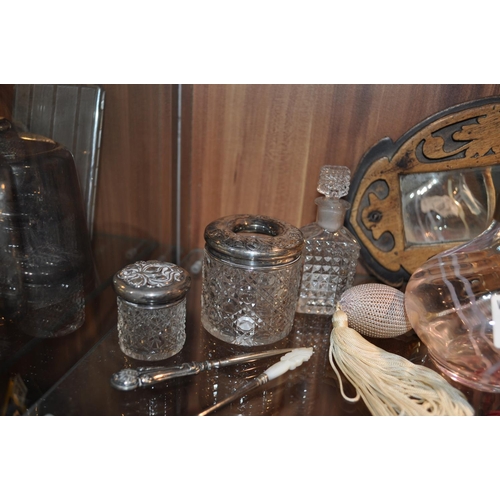 142 - Mixture of vintage dressing table items including cut glass/silver topped bottles, perfume atomisers... 