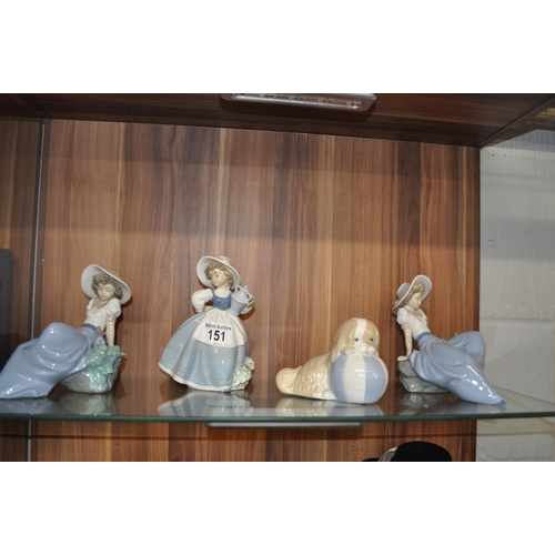 151 - Three Nao lady figurines and one other similar Nao style dog figure