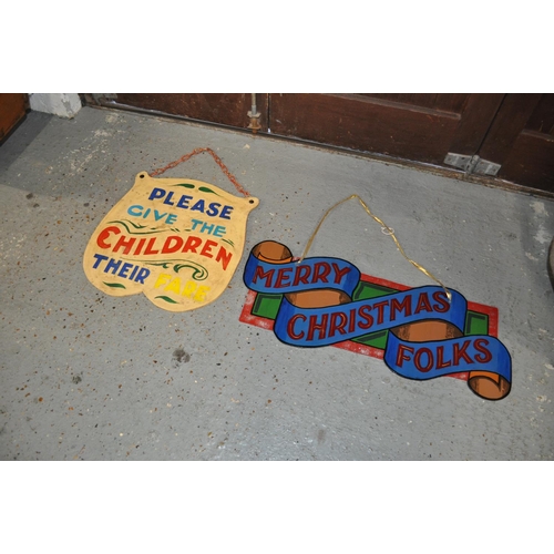 161 - Wooden 'Antiques and Bric a Brac' fairground style hanging sign on chains together with two other ha... 