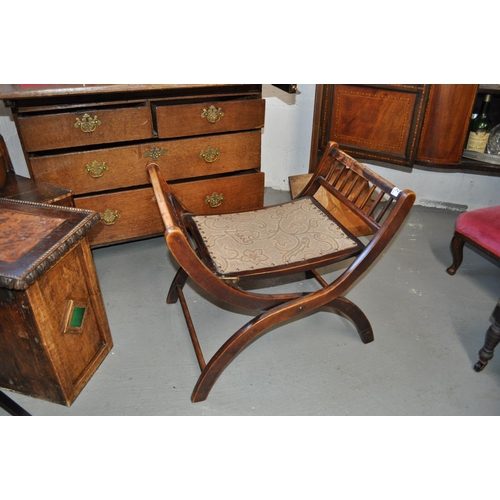 22 - Antique folding piano chair in a campaign style with patent label to underside