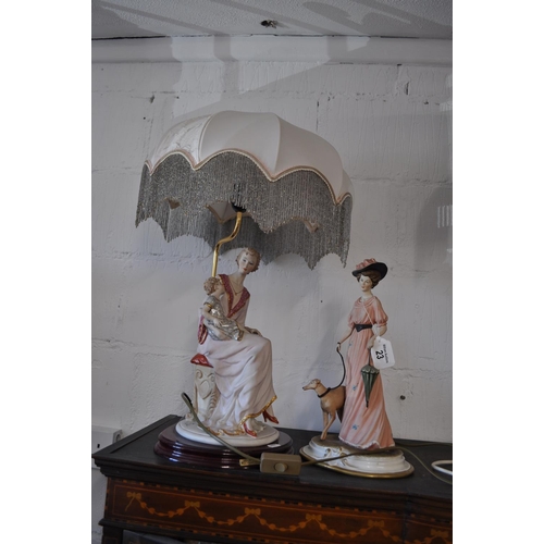 23 - Capodimonte lamp with beaded shade in the form of lady and child together with a Capodimonte lady wi... 