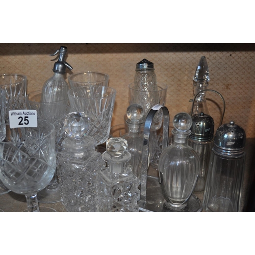 25 - A selection of decanters/bottles with stoppers and other glassware items together with Pall Mall she... 