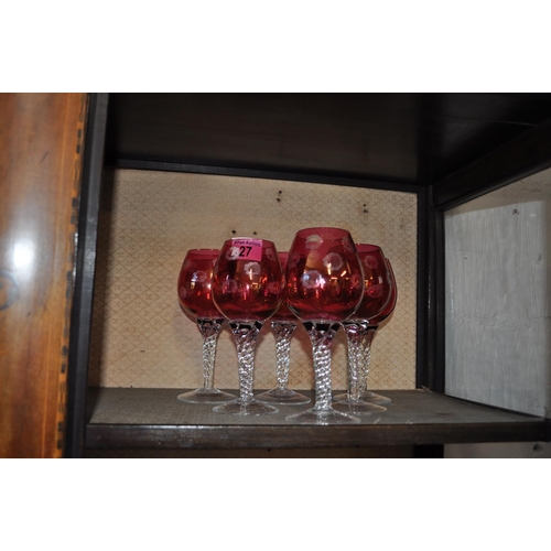 27 - Six decorative cranberry wine glasses