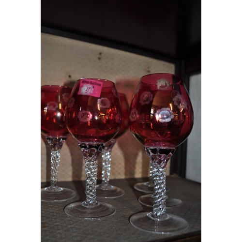 27 - Six decorative cranberry wine glasses