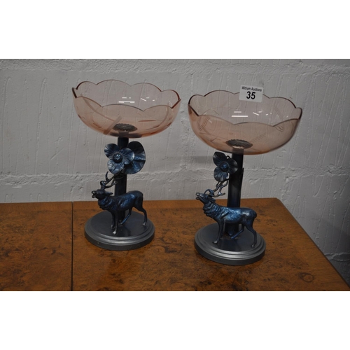 35 - Retro style pair of glass bowl centrepieces with metal stags design