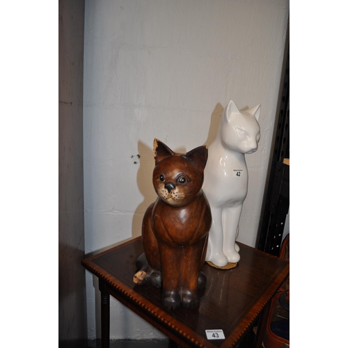 42 - White ceramic cat, approx H49cm plus one wooden cat statue H40cm